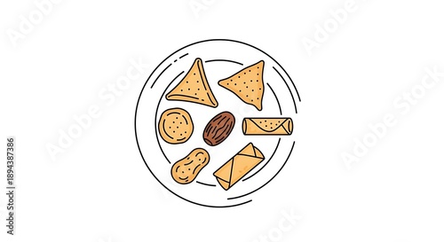 Wallpaper Mural An overhead view of assorted snacks on a plate, including crackers, nuts, and dried fruit, in a minimalist illustration style. Torontodigital.ca