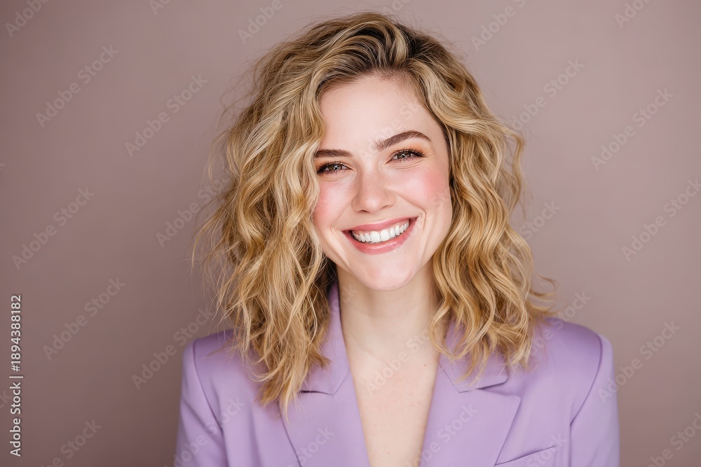 Obraz premium Portrait of a smiling woman with wavy blonde hair wearing a light purple blazer against a neutral background