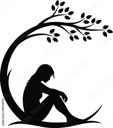 Black silhouette of a sad lonely girl sitting under a weeping tree branch, emotional mental health concept, cad drawing flat vector illustration