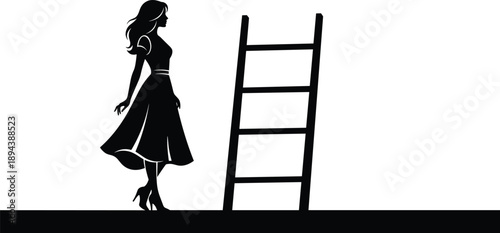 Black silhouette of an elegant woman standing by a ladder for career growth personal development success ambition and business achievement goals