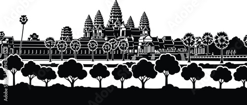 Black silhouette of Angkor Wat temple in Cambodia with palm trees and tropical landscape for travel tourism landmark and historical architecture