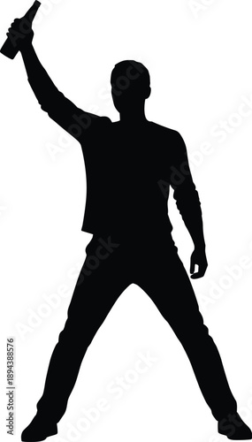 Black Silhouette of Man Raising Bottle in Celebration Gesture Isolated on White Background for Party Event and Nightlife Vector Design