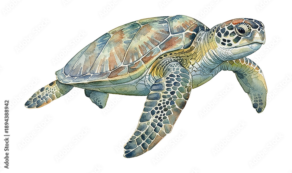 Fototapeta premium Majestic Sea Turtle Swimming with Graceful Flippers Underwater Detailed Watercolor Illustration Isolated White Background