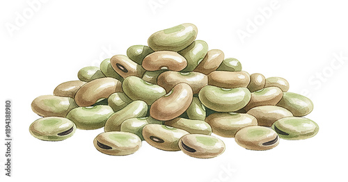 Pile of fresh and healthy beans in various shades of green and brown on a white background detailed illustration