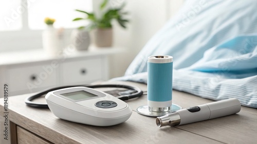 Medical Devices on Bedside Table with Glucometer and More