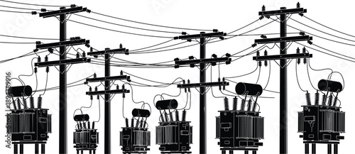 Electric power distribution transformers and utility pole silhouettes, complex overhead cable network, black and white vector illustration for energy infrastructure, electricity grid systems