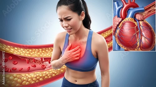 Woman Experiencing Chest Pain With Anatomical Heart And Artery