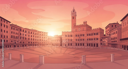 A picturesque European piazza is bathed in the warm glow of a setting sun.