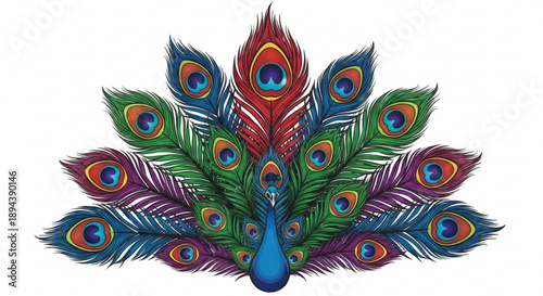 Vibrant peacock feathers spread out showcasing colorful eyespots and intricate patterns on white background symbolizing beauty and nature