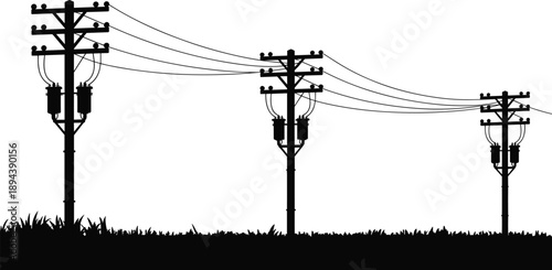 Electric utility poles with power lines vector silhouette, rural electricity infrastructure design, black and white illustration of transmission lines and communication network