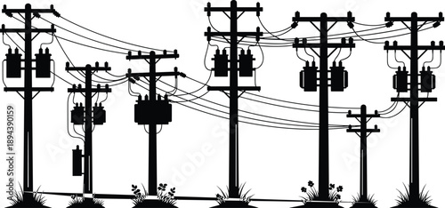 Electric utility poles with transformers illustration, overhead power distribution lines, urban and rural electricity network infrastructure, black and white vector silhouette design