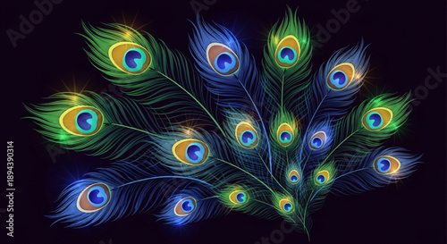 Vibrant peacock feathers spread out against a dark background showcasing bright blue green and gold eyespots and intricate feather details