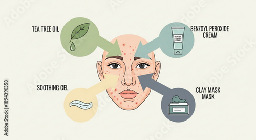 Facial skincare infographic with acne treatment products and natural remedies on a human face