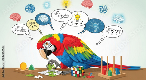 Colorful parrot solving puzzle toys with thought bubbles ideas