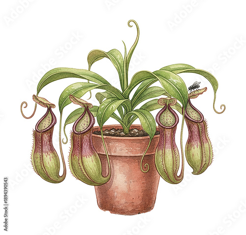Detailed Watercolor Illustration of a Carnivorous Pitcher Plant in a Terracotta Pot with a Fly on its Leaf