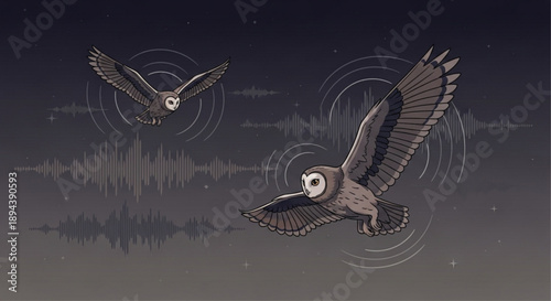 Two gray birds flying with sound waves in dark background illustrating echolocation