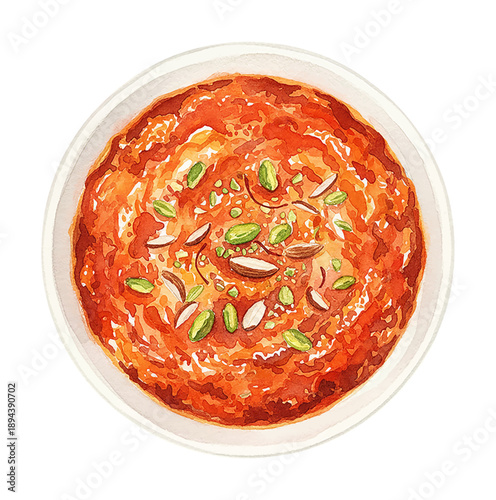 Vibrant Orange Sweet Dessert Topped with Green Pistachios and Almonds Delicious Food Watercolor Art