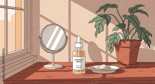 Skincare routine on wooden dresser with mirror serum bottle and plant by sunny window