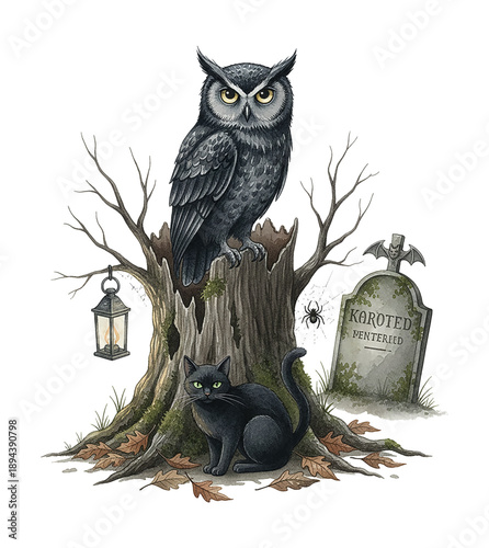 Dark mysterious owl on a tree stump with an intense black cat in a spooky graveyard setting with a tombstone and lantern
