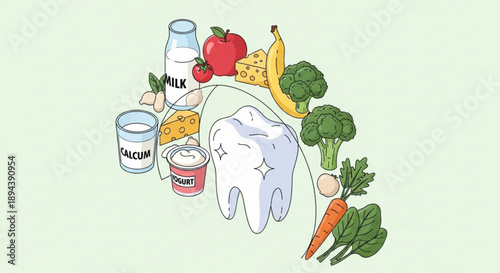 Healthy food for strong teeth and good oral hygiene with milk fruits vegetables and calcium