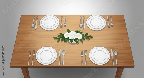 Formal dining table setting with four place settings and floral centerpiece on wooden table