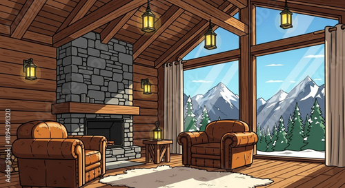 Cozy mountain lodge interior with fireplace wooden decor and stunning snow capped mountain view through large windows