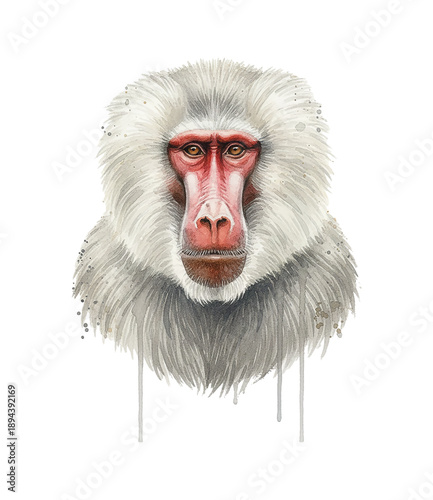 A striking watercolor portrait of a serious Hamadryas baboon featuring white fur and a red face