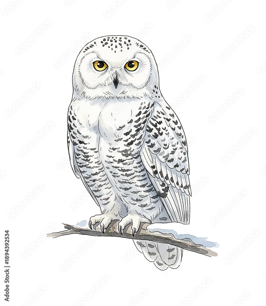 Fototapeta premium Snowy owl perching on a snow covered branch with calm observant expression watercolor illustration