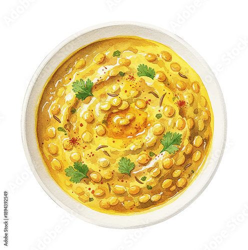 A rich yellow lentil soup with green herbs and red spices in a white bowl watercolor illustration