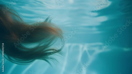 Long flowing hair underwater in a swimming pool, creating a serene and ethereal visual.