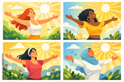 Woman with open arms receiving direct sunlight in expressive natural setting