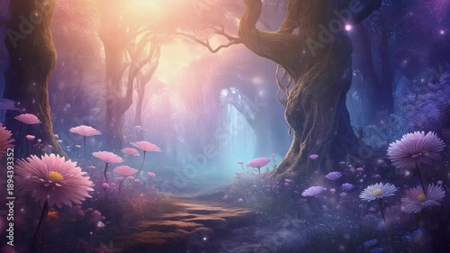 A magical, ethereal forest path with glowing pink and purple flowers under a soft, luminous sky.