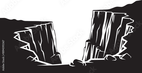 Black and white illustration of cracked cliff landscape scene