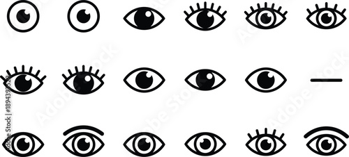 Set of eye icons in different styles representing vision view and visibility isolated on white background design.