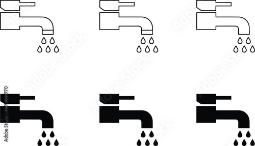 Set of water faucet icons in outline and solid styles isolated on white background for plumbing design