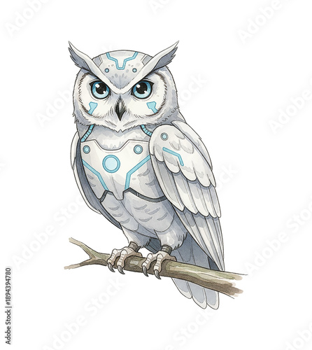 White Cybernetic Owl with Blue Accents Perched on a Branch Looking Calm and Alert Futuristic Illustration