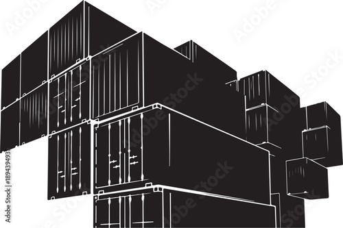 Black and white illustration of stacked shipping containers high
