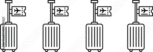 Travel luggage suitcase with airline ticket icon set for airport tourism transportation vacation vector design illustration outline symbols