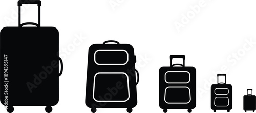 Travel luggage and suitcase size icons set representing baggage collection journey vacation airport transportation vector silhouettes