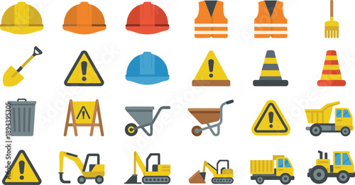 Construction safety icons and machinery vector set featuring helmets vests cones signs tools vehicles for industrial building projects work sites