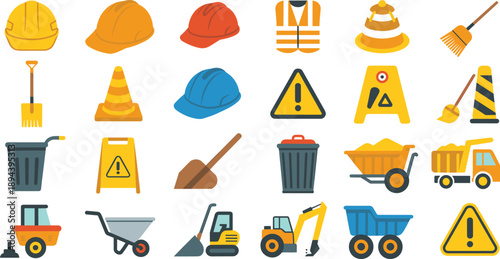 Construction safety tools and machinery vector icon set featuring helmets cones signs wheelbarrows vehicles for industrial building work