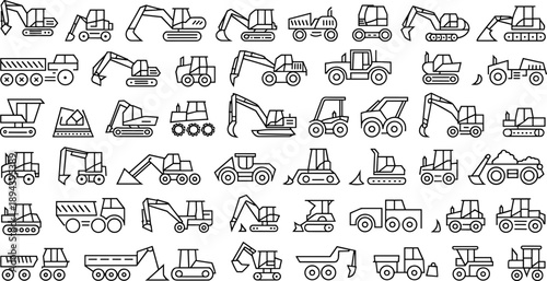 Construction vehicle outline icon set, heavy machinery equipment collection for building, engineering, roadwork, mining projects vector illustration