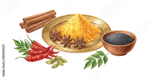 Colorful watercolor of assorted Indian and Asian spices including turmeric powder cinnamon chili and peppercorns