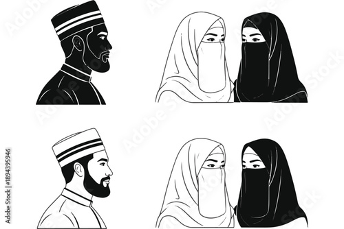 Illustrations of men and women wearing traditional Islamic headwear and veils in various styles and colors.