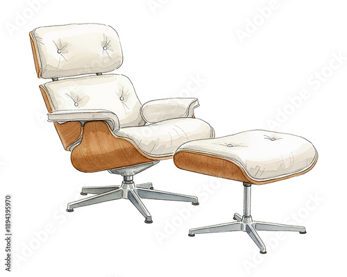 Stylish modern lounge chair and ottoman set featuring white upholstered cushions and wood shell accents in watercolor