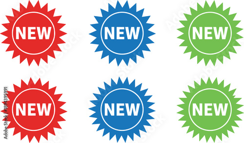Set of colorful new product badges with starburst shapes isolated on white background for marketing design
