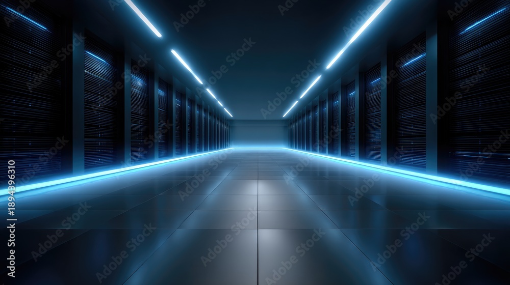 Fototapeta premium Futuristic Data Center Interior with Neon Lighting and Reflective Floor Space for Server Technology and Computing Infrastructure