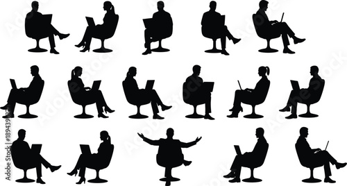 Seated people silhouettes with laptops, modern office chairs, business professionals working, remote work lifestyle, technology users, minimal illustration set