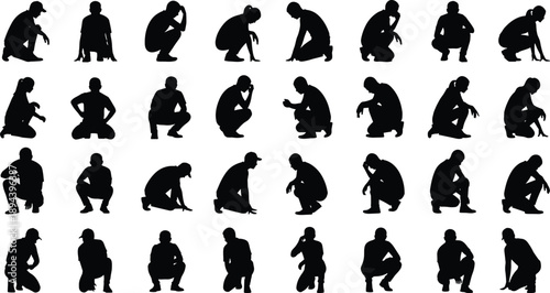 Set of human crouching silhouettes in various poses, black vector collection isolated on white background for design projects and branding