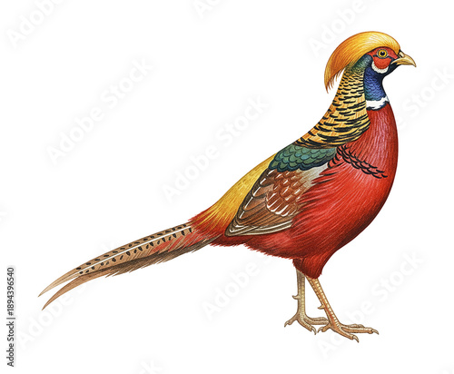 Vibrant Golden Pheasant standing proudly in profile showcasing its rich colorful plumage in a detailed illustration